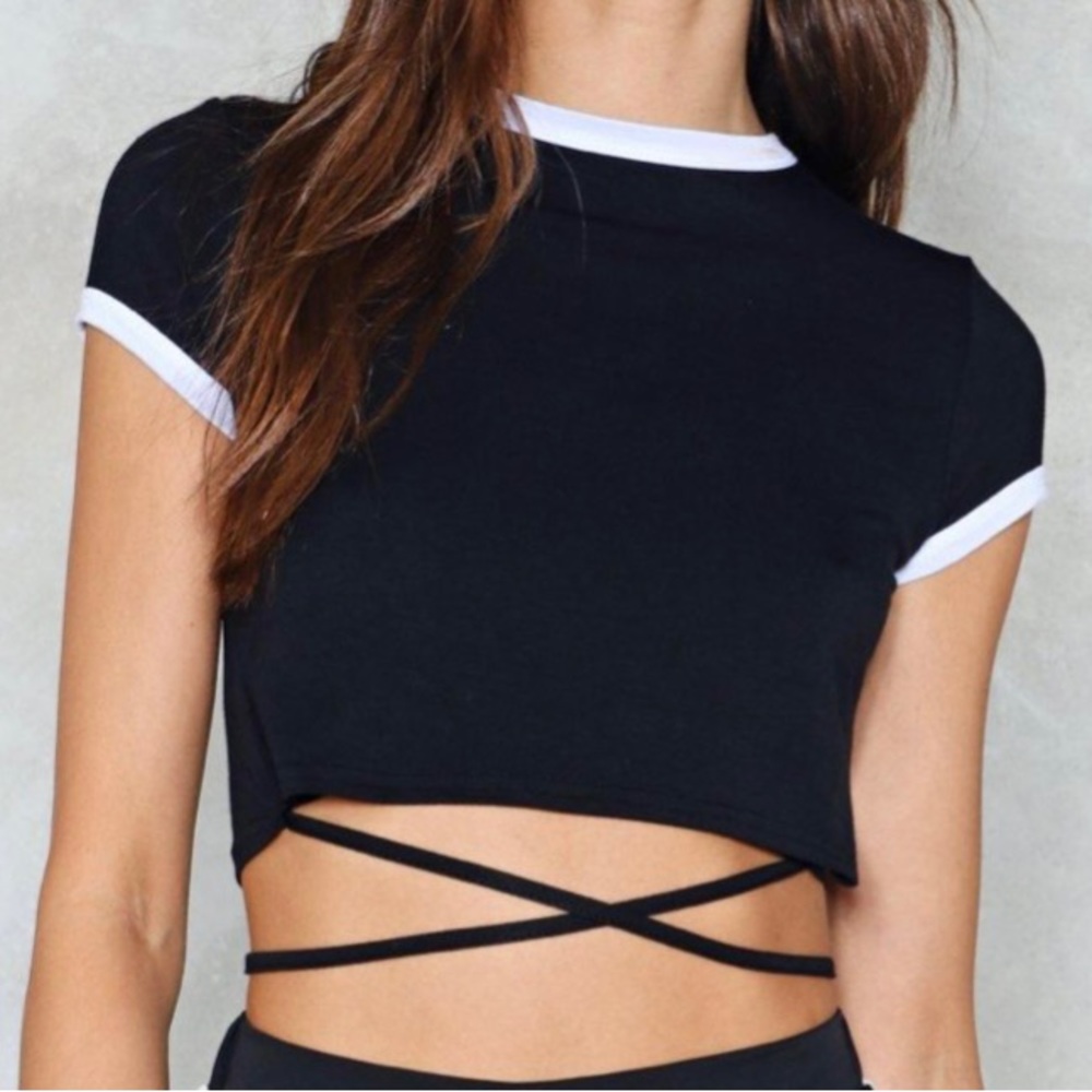 Black Criss Cross tie crop top Tee White Trim 2 Small